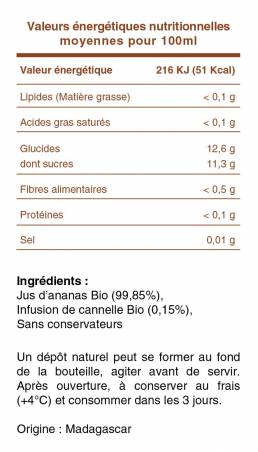 Pur jus de fruit ananas BIO à la cannelle 100 cl carton de 6
